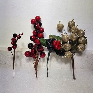 Vintage Floral Berries, Mulberries  and Gold  Apples Picks 4 Pieces